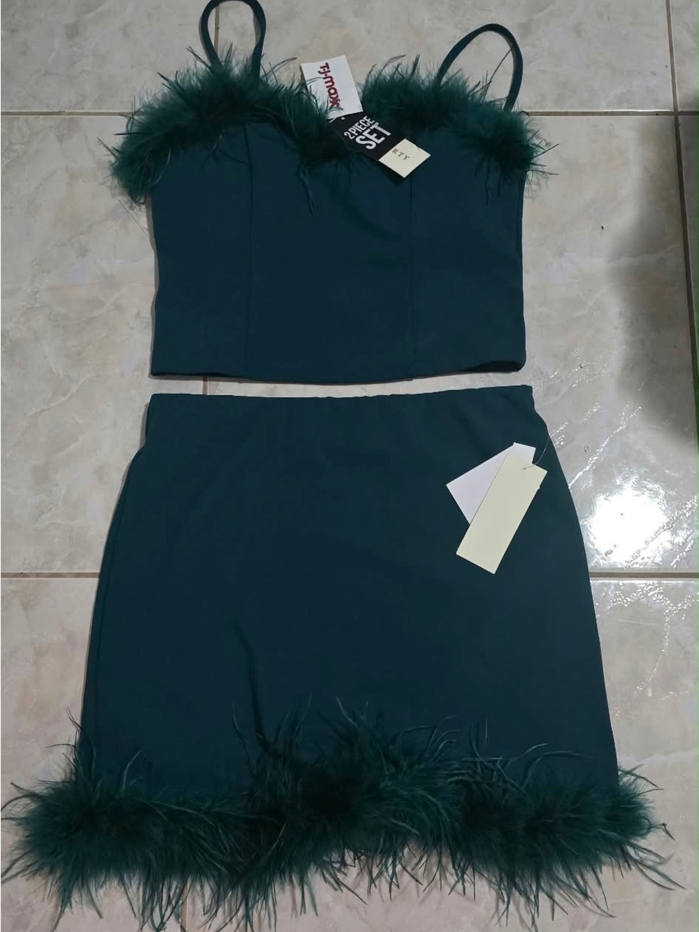T.J.Maxx Teal Feather-Trim Two-Piece Mini Set